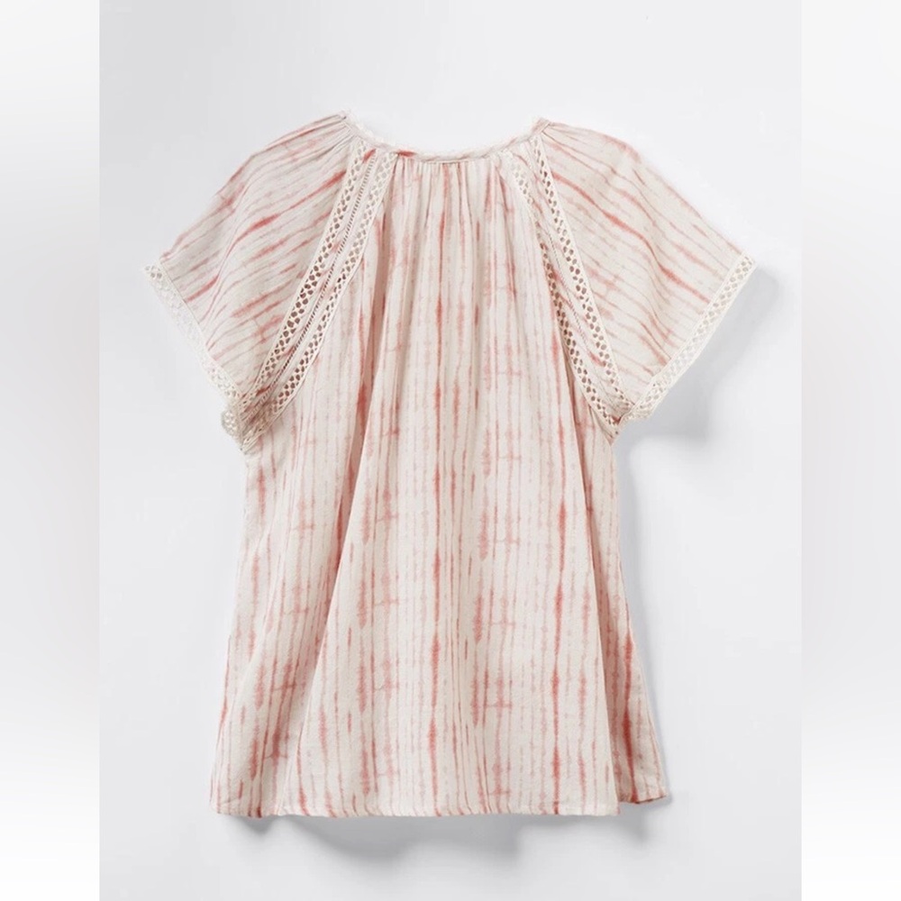 ⨠Boho Coastal Blush Tie-Dye Lace Detail Top | Summer Resort Chic Blouse - Picture 3 of 8